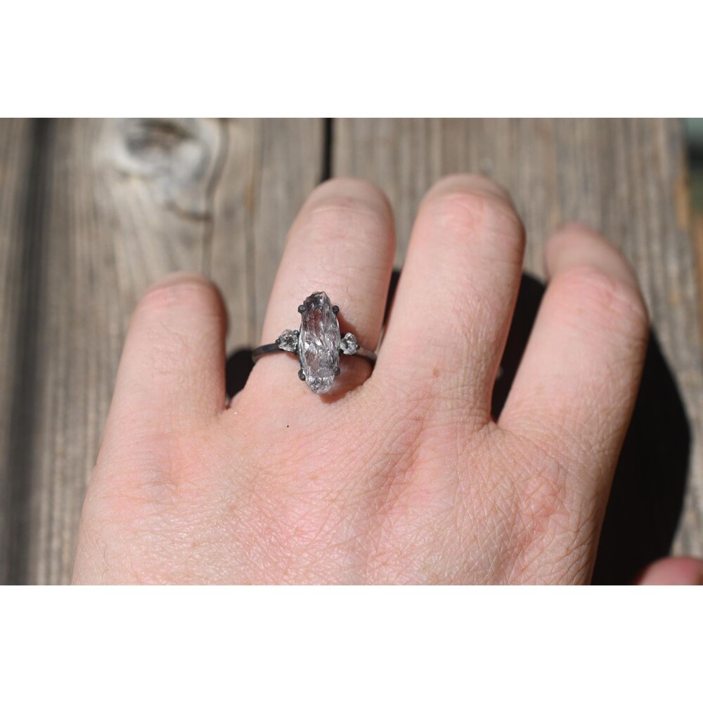 Raw Crystal Silver Ring with Clear Marquise Gemstone, Handmade Unique Jewelry wi